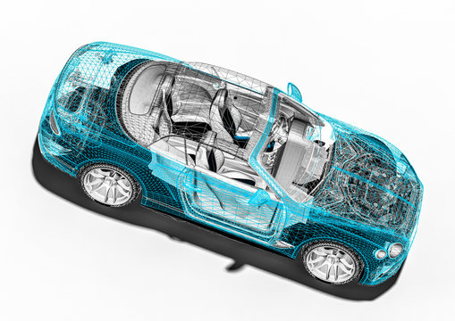 Concept Car Blueprint – 3D Perspective. Machine, Print.