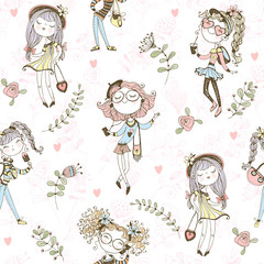 Seamless pattern with cute trendy teen girls . Vector. © Olga