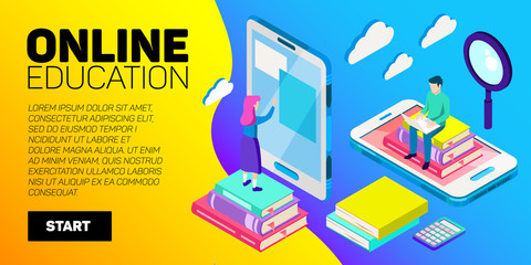 Isometric online education vector banner. E-learning. Imagination ad creativity.