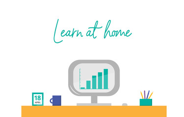 Illustration of laptop,calendar, cup and pencils on the desk. Learn at home banner for social media or website. Flat vector illustration