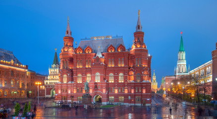 The State Historical Museum and part of the Kremlin on the Red square in Moscow, Russia at night....