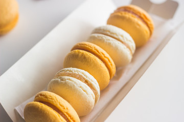 Macaroons. Delicious french desserts. Macaroons on the table