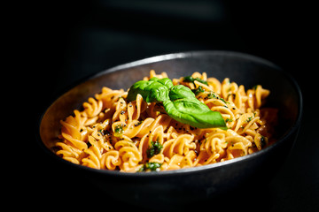 Chickpeas fusilli with garlic pesto, olive oil and basil
