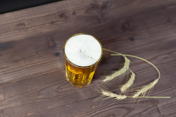 top view of Foam on beer in glass on brown wooden background with barley spikes