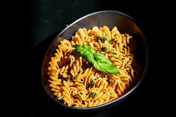 Chickpeas fusilli with garlic pesto, olive oil and basil
