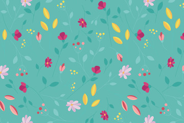Colored floral pattern on a green background. Summer flowers.