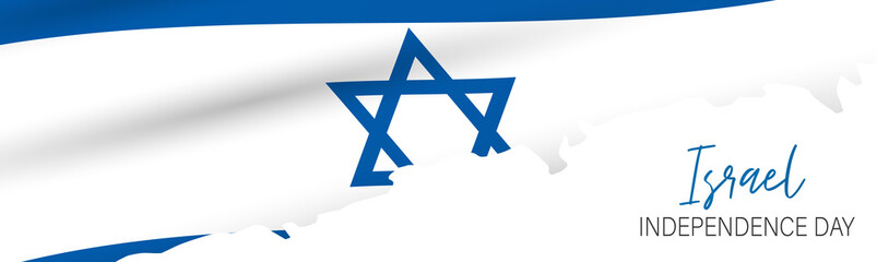 Israel Independence Day banner or site header. National holiday design template. Israeli symbolics background with blue and white flag. Vector illustration.
