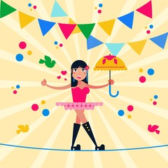 Acrobat girl performs a trick flat vector illustration. A young woman in a dress, boots and an umbrella in hand is walking on a rope. Circus show.