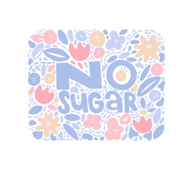 Seamless pattern. Handwritten inscription surrounded by decorative floral elements. The concept of diet food, healthy food. Illustration in scandinavian style. Colorful artwork.