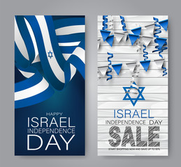 Israel Independence Day banners set. National holiday design template. Israeli symbolics poster or flyer with blue waving flag ribbon. Vector illustration.