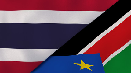 The flags of Thailand and South Sudan. News, reportage, business background. 3d illustration