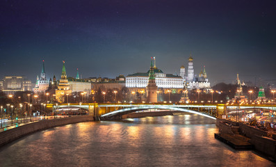 Fototapeta na wymiar Moscow, Russia. Panoramic view of Moscow Kremlin and Moskva river. Beautiful night view of the russian capital city. Panorama