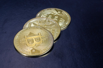 Bitcoin cryptocurrency money coins. gold coins close up