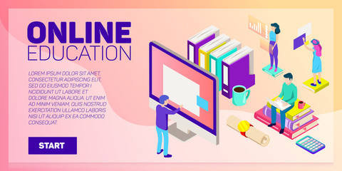 Isometric online education vector banner. E-learning. Imagination ad creativity.