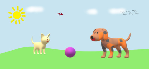 Obraz na płótnie Canvas dog with a ball and cat