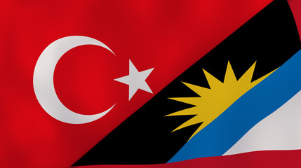 The flags of Turkey and Antigua and Barbuda. News, reportage, business background. 3d illustration
