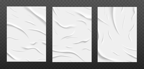 White glued paper texture, wet wrinkled paper sheets set. Posters with crumpled and creased wrinkles isolated on a dark background. Vector illustration. A4 format.