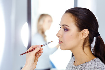 Professional makeup artist working with beautiful young woman. Bridal, fashion or nude style