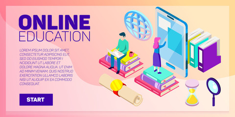 Isometric online education vector banner. E-learning. Imagination ad creativity.