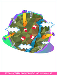 Vector. Earth Day with aliens and buildings just planeta © Julli