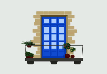 Paris balcony vector illustration with blue door and flowers in pods
