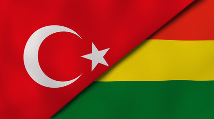 The flags of Turkey and Bolivia. News, reportage, business background. 3d illustration