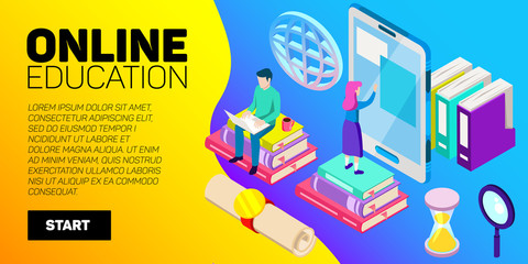 Isometric online education vector banner. E-learning. Imagination ad creativity.