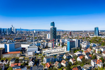 Aerial view, Frankfurt skyline, with Henninger Tower, ECB, Commerzbank, Sachsenhausen, Hesse, Germany - obrazy, fototapety, plakaty