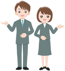 スーツ姿の男女が案内している	