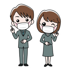 マスクを付けたスーツ姿の男女が案内している