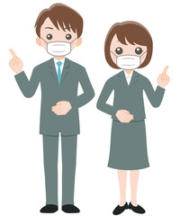 マスクを付けたスーツ姿の男女が案内している