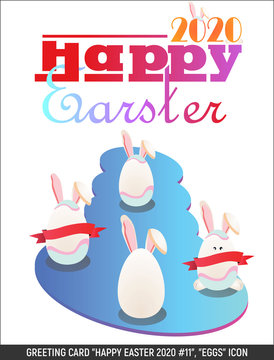 Vector. Greeting card "Happy Easter"... 2 Eggs with Ears, icon, ribbon 4