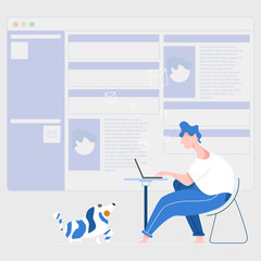 Work at home. Home office. A man working from home on a laptop. Vector illustration in a flat style. Sitting next to a pet - dog.