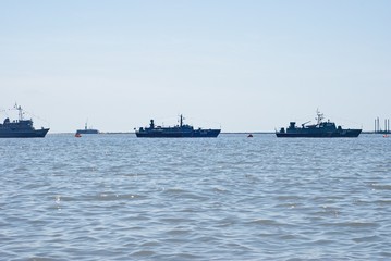 BAKU, AZERBAIJAN - 2011. Day of the border troops of the Republic of Azerbaijan. Ships of the border troops perform parade sailing in the Caspian Sea.