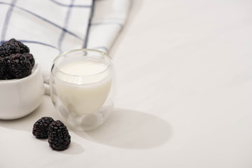 High angle view of glass of homemade yogurt and sugar bowl with blackberries near plaid fabric on white