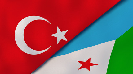 The flags of Turkey and Djibouti. News, reportage, business background. 3d illustration