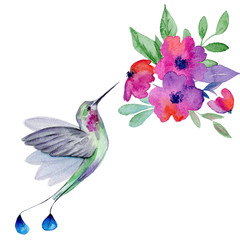 Cute watercolor hand drawn illustration of flowers and birds isolated on a white background, for Valentine's Day greeting card, wedding card, romantic prints and scrapbooking. - 338430645
