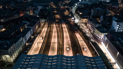railway court at night - city of Katowice - aerial view