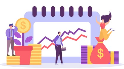 Business growth, planning and analytics, business strategy, making profit, vector illustration. Men and women are standing against background of graph going up. Stack of coins and notes, bag with a