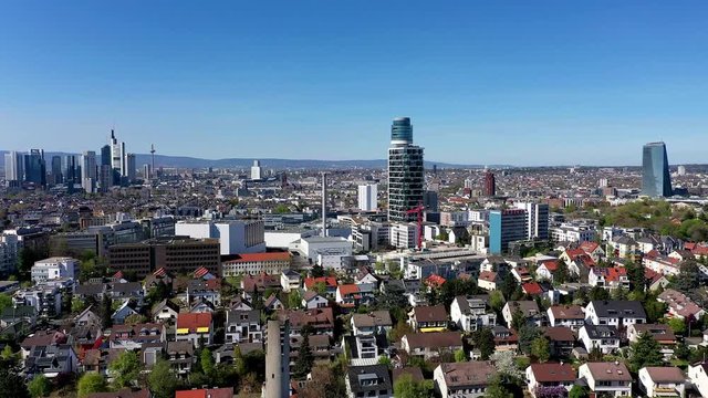 Aerial view, Flight over Frankfurt skyline, with Henninger Tower, ECB, Commerzbank, Sachsenhausen, Hesse, Germany