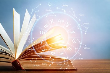 Horoscope astrology zodiac illustration with old book