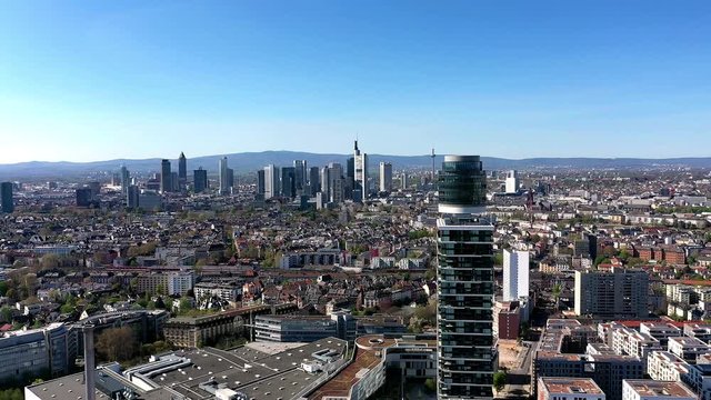 Aerial view, Flight over Frankfurt skyline, with Henninger Tower, .Commerzbank, Sachsenhausen, Hesse, Germany