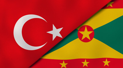 The flags of Turkey and Grenada. News, reportage, business background. 3d illustration