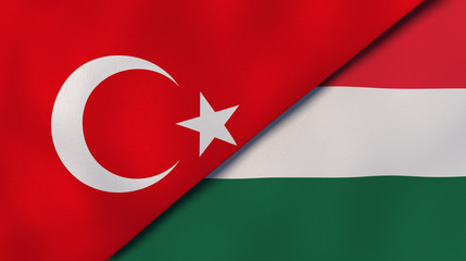 The flags of Turkey and Hungary. News, reportage, business background. 3d illustration