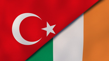 The flags of Turkey and Ireland. News, reportage, business background. 3d illustration