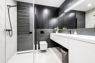 black and white bathroom - interactive mirror in the bathroom,
