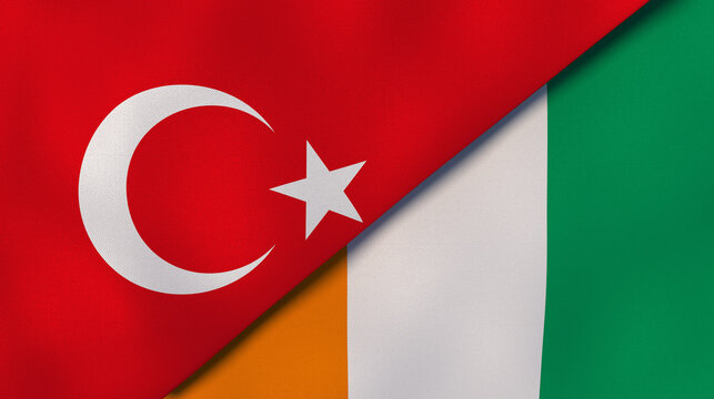 The flags of Turkey and Ivory Coast. News, reportage, business background. 3d illustration