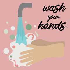 Wash your hands. hands holding soap in hand under water tap. Arm in foam soap bubbles. Vector illustration flat cartoon design isolated on background. Personal hygiene.