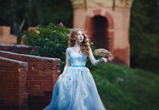 beautiful red-haired girl walks with an owl on her hand against the background of the castle