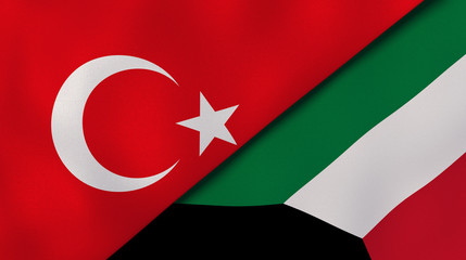 The flags of Turkey and Kuwait. News, reportage, business background. 3d illustration